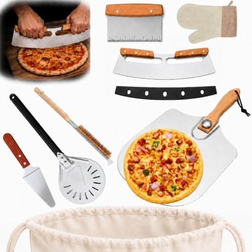 Pizza Peel Set, 8 Piece Pizza Oven Accessories Kit, 12x14 Inch Aluminum Pizza Paddle with Foldable Wooden Handle, 8 Inch Perforated Mini Peel, Rocker Cutter, Scraper, Server, Brush, Glove & Bag by Unknown