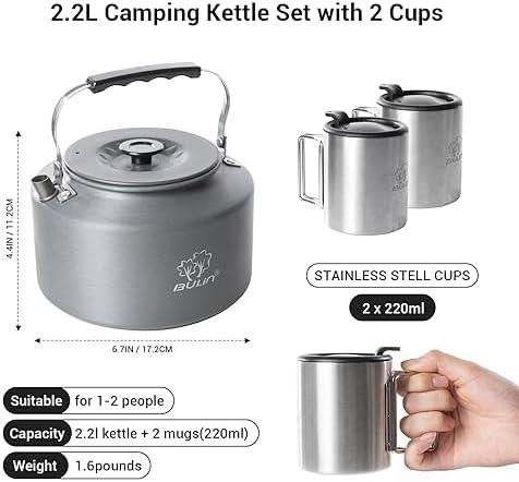 Bulin Camping Kettle, 2.2L Large Portable Camp Tea Coffee Pot With 2 Cups - Image 2