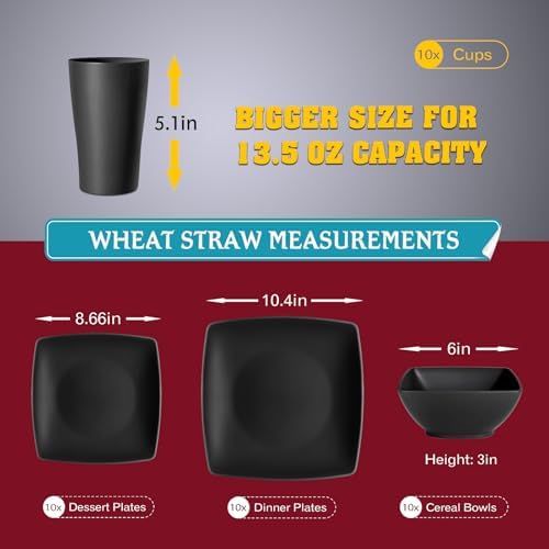 Teivio 40-piece Plates and Bowls Sets for 10, Black Square Dinnerware Sets - Image 2