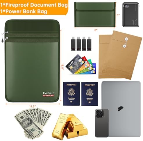 DocSafe Fireproof Document Bag (5200℉) with Fireproof Organizer Travel Case,Heat Insulated Fire＆Water Resistant 8 Layers Safe Money Bag Storage for Important Documents,Cash,Power Bank,Valuables,Green - Image 4