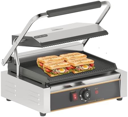 Commercial Panini Press - 2200W Commercial Panini Press Grill w/ 14"x9" Cooking Pan & Adjustable Temp, Commercial Sandwich Press w/Nonstick Coating, Removable Drip Tray, Double-sided Heating by HTTSICHI