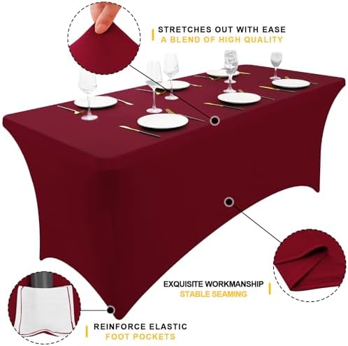 Smiry 2 Pack Spandex Table Cloth 8FT, Elastic Fitted Wine Red Tablecloth - Image 2