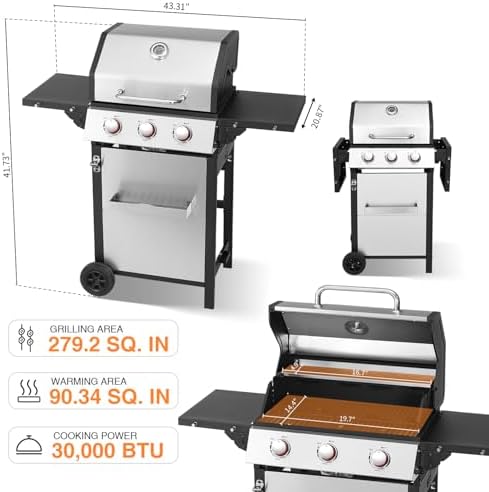 3-Burner Propane Gas Grill with Double-layer Lid, Stainless Steel Hanging Basket & Easy-to-Clean Design – 30,000 BTU BBQ Grill with 2 Folding Sides and Wheels for Outdoor Backyard Patio - Image 2