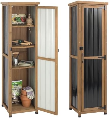 Tall Outdoor Storage Cabinet, Weatherproof Wooden Garden Potting Bench with Metal Top & Adjustable Shelves, Outdoor Patio Cabinets Work Station for Balcony, Pool, Garage by MAGAZOOPET