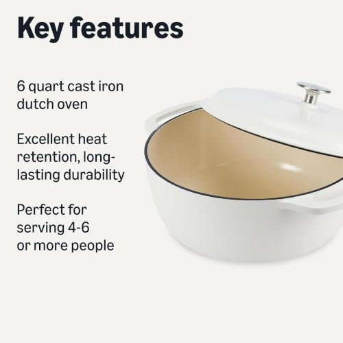 Amazon Basics Enameled Cast Iron Dutch Oven Pot With Lid, 6-Quart, Round, Dual Handles, Heavy-Duty, Oven Safe for Stews, Roasting & Baking, Matte White - Image 2
