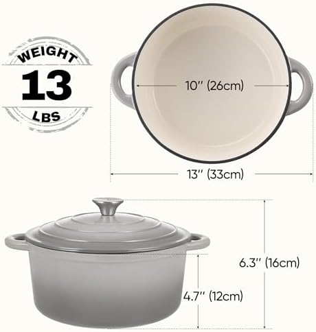 6 Quart Dutch Oven Pot with Lid, Non Stick Enameled Cast Iron Dutch Oven for Bread Baking, Heavy-Duty, Oven Safe Ceramic Cookware Up to 500°F for Baking, Braising, Stews, Roasting, Gray - Image 3