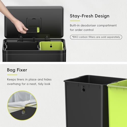 EKO EcoCasa II 36L+24L Dual Trash Can with Recycle Bin, Stainless Steel Garbage Can with Lid, Deodorizer Compartment, Odor-Proof and Fingerprint Resistant, Matte Black - Image 6