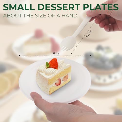 200PCS (100Sets) Biodegradable Paper Plates Set, (100PCS 6" Dessert Plates and 100PCS Forks/Sporks), Compostable Appetize Plate, Disposable Cake Plate, Perfect for Birthday Party - Image 2