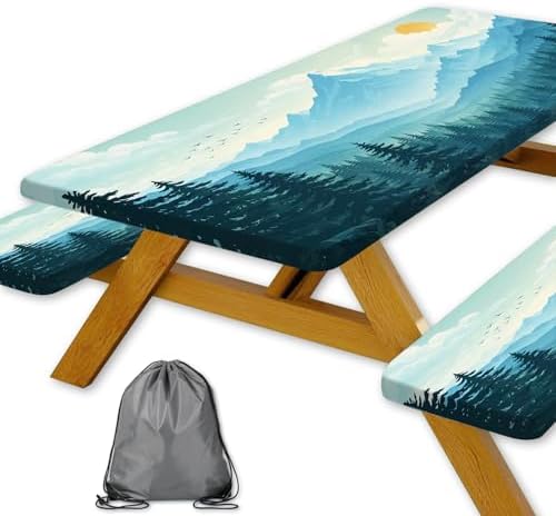Picnic Table Cover with Bench Covers and Bag, Forest Mountain Sunset Camping Tablecloth, Waterproof Windproof Oilproof Elastic Edges Fitted Tables Cover for Indoor Outdoor 3PCS 30x60 Inch (Green) by Xguatan