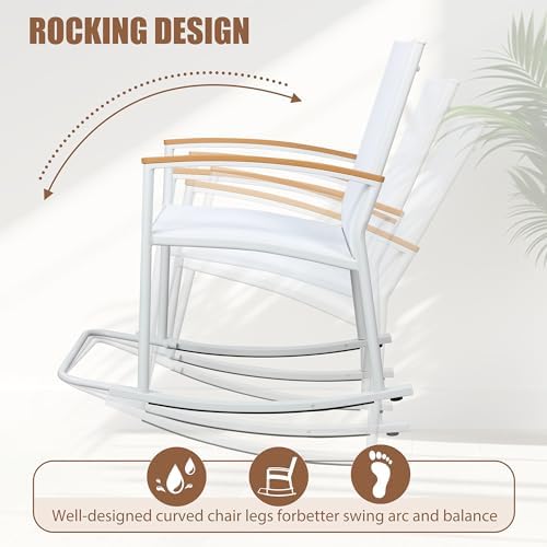 Shintenchi 3 Piece Outdoor Rocking Bistro Set, Textilene Fabric Small Patio Furniture Set, Front Porch Rocker Chairs Conversation Set with Table for Lawn, Garden, Balcony, Poolside (White) - Image 4