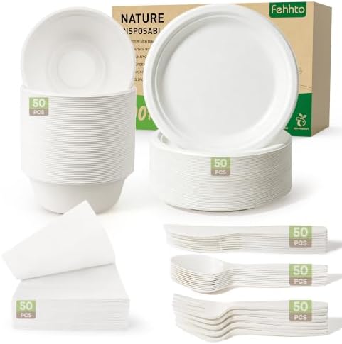 300PCS Disposable Paper Plates and Bowls Set with Long Utensils by FEHHTOEco-friendlyLiving