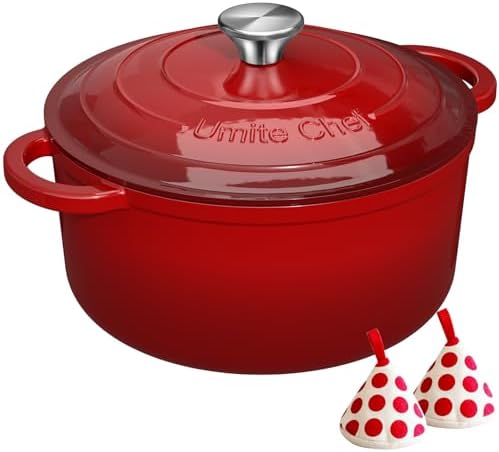 Enameled Cast Iron Dutch Oven - Umite Chef 5QT Pot with Lid & Cotton Potholders - Heavy-Duty Cookware for Bread Baking, Braising, Stews, Roasting(Red) by UmiteChef