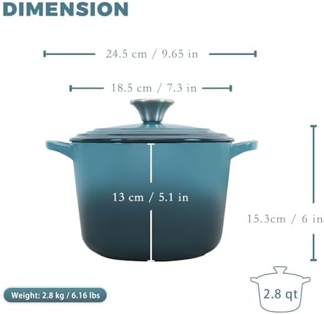 Flavehc Dutch Oven Pot with Lid 2.8 Qt Cast Iron Dutch Oven for Bread Baking, Slateblue Enameled Cast Iron Soup Pot, Small Deep Dutch Oven for Soup, Stews & Small Family Meals - Image 4