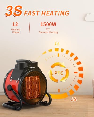 Buyplus Electric Space Heater - Outdoor Heater with Super Long Cord, Overheat Protection, Heaters Heat Up in 2 Seconds, 3 Modes, Small Fan Heater Tent Ceramic Space Heater for Patio, Red - Image 3