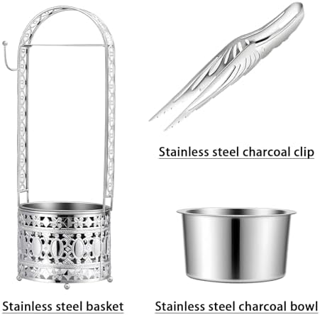 Portable Hookah Charcoal Basket with Coal Tongs,50 pre-Cut foil Sheets, 20 hygienic mouthpieces - Metal Storage Container & Holder for Shisha Accessories (Silver Basket 15.7") - Image 6
