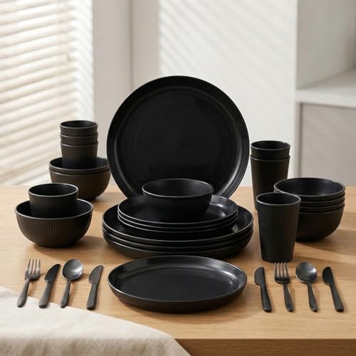 36 Pcs Wheat Straw Dinnerware Set,Dinnerware Sets for 6,Large Round Plates, Bowls and Cups, Unbreakable dish set, Dishwasher and Microwave Safe, Outdoor Camping Dishes (Black) - Image 6