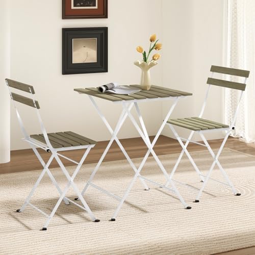 Giantex 3-Piece Acacia Wood Bistro Set, Patio Bistro Table with 2 Folding Chairs, Slatted Seat & Tabletop, Metal Frame, Outdoor Furniture Set for Backyard, Porch, Garden, Poolside (White + Gray) - Image 3