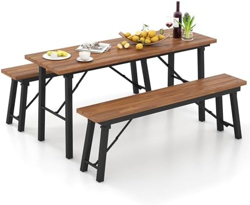 Tangkula Outdoor Dining Table With Benches for 4-6 Persons, No Assembly Foldable 59 Inches Narrow Patio Dining Table with Acacia Wood Top & Heavy Duty Metal Frame, for Yard, Garden, Poolside or Indoor by TANGKULA