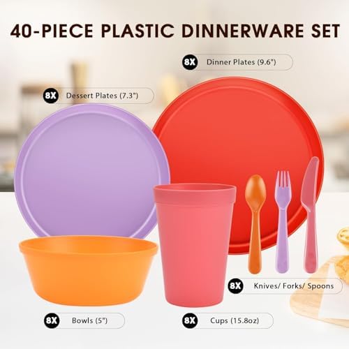 40 Piece Plastic Dinnerware Set for 8 with Cutlery, Unbreakable Plates and Bowls Set, Dishwasher & Microwave Safe Reusable Dish Set for Camping, RV, Outdoor Kitchen, Apartment Dining,Sunset Multicolor - Image 2