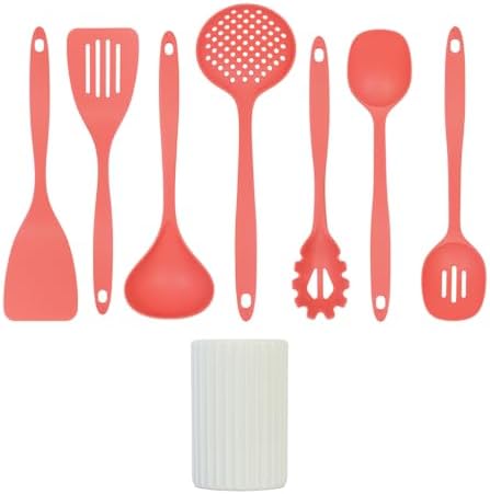 Glad Kitchen Utensils Set, 8pcs - Nonstick Cooking Tools with Utensil Holder - Nylon Spoon, Ladle, Skimmer, Spaghetti Server, and Turner Spatula Set - Dishwasher Safe, Rust - Image 2