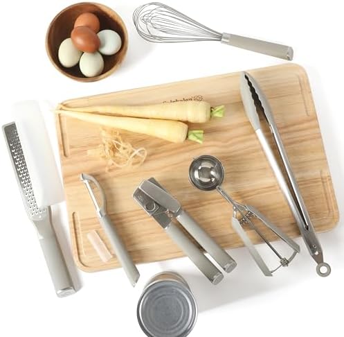 Calphalon Edge 6-Piece Stainless Steel Kitchen Tool & Gadget Set, Kitchen Utensil Set with Silicone Accent, Can opener, Straight peeler, Grater, Tongs, Balloon whisk and Scoop (Taupe) - Image 2