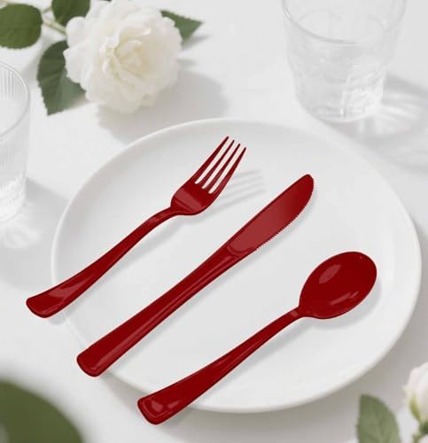 HEIPINIUYE 75 Pack Burgundy Plastic Cutlery Heavy Duty Burgundy Plastic Knives Forks and Spoons Disposable Silverware Set for 25 Guest Camping Birthday Baby Shower Party Cutlery Set - Image 7