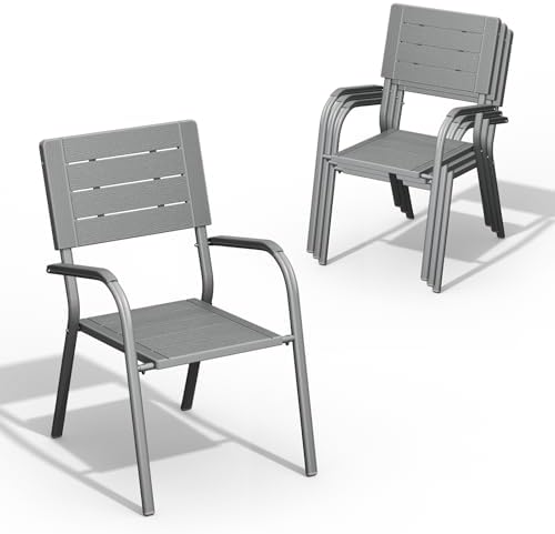 VINGLI Outdoor Patio Dining Chairs, Stackable HDPE All-Weather Arm Chairs, Weatherproof Outdoor Seating for Garden, Backyard, Poolside, Balcony,Grey (4 Pack) by VINGLI