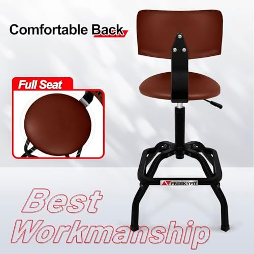 Shop Stool with Backrest, Mechanic Garage Stool for Workshop, Adjustable Shop Stools Chair, Padded Workbench Stools for Men Women, 300 LBS Capacity, 360° Swivel PVC Seat, Heavy Duty, Brown - Image 6
