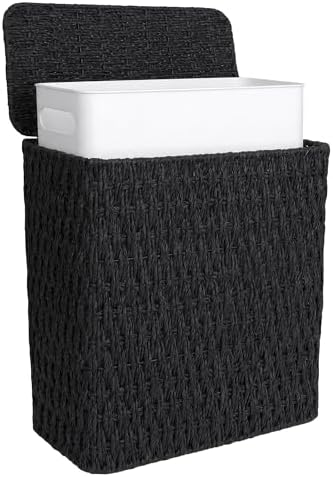 iEGrow Paper Rope Trash Can,Bathroom Trash Can with Lid, 3 Gallon Wicker Waste Basket with Removable Liner, for Bedroom, Living Room, Toilet, Under Sink Black by iEGrow