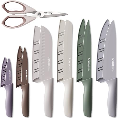 Astercook Knife Set, 13 Pieces Kitchen Knives Set with Healthy Anti-Rust Coating, Dishwasher Safe, Stainless Steel Chef Knife Sets with 6 Blade Guards, Perfect Holiday Gifts for Kitchen Morandi by Astercook