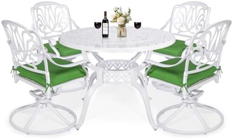 VIVIJASON 5-Piece Outdoor Patio Dining Set, All-Weather Cast Aluminum Conversation Set, Patio Furniture Set, Include 4 Swivel Cushioned Chairs, a 38.5" Round Table w/Umbrella Hole, White by VIVIJASON