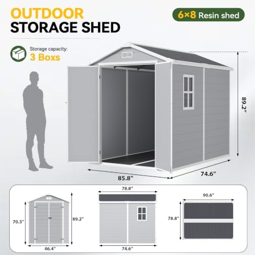 Aoxun 6x8 FT Outdoor Storage Shed, Outdoor Resin Shed with Floor, Gray - Image 4