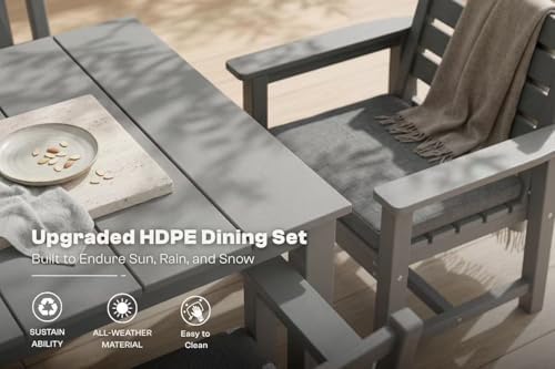 Perli™ 7-Piece Outdoor Dining Set, All-Weather HDPE Patio Furniture with 6 Ergonomic Chairs & Large Table, Built-in Umbrella Hole, UV-Resistant Set for Backyard, Deck, Poolside, Grey - Image 4