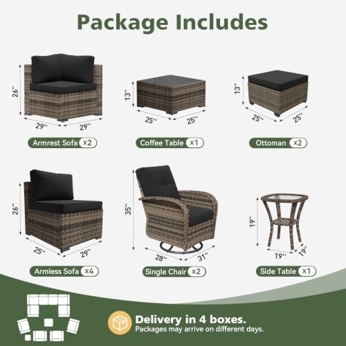 Aoxun 12 Piece Outdoor Patio Furniture Set with Coffee Table, Wicker Rattan Outdoor Furniture with High Back Swivel Rocker Chairs, Outdoor Conversation Set with Thick Cushion & Ottoman, Black - Image 2