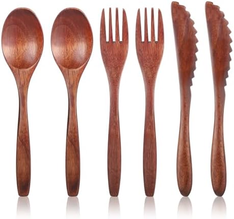 6 Pcs Wooden Utensils for Eating, Wooden Spoon Fork Cutlery Set by Unknown