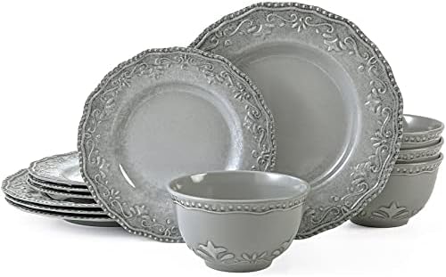 TP 12-Piece Melamine Dinnerware Sets, Service for 4, Relief Grey by TastePrime