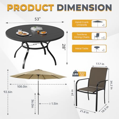 Incbruce 8 PCS Patio Dining Set with Brown Umbrella, Outdoor Dining Set of 6 Textilene Chairs and 53" Round Table with Umbrella Hole for Backyard, Garden, and Poolside (Brown) - Image 3