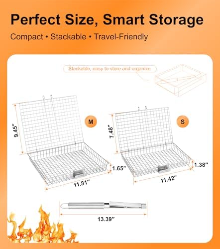 Grill Basket Set for Outdoor Grilling - Large Capacity Fish Grill Basket & Grilling Rack - Food Grade Stainless Steel Portable Flat Basket with Removable Handle for Vegetables, Shrimp & Camping (M+S) - Image 3