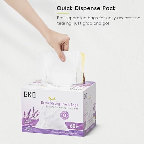 EKO 21 Gallon / 50-90 Liter, 60 Count Drawstring Trash Bags, Extra-Strong Garbage Bags, Lavender Scent with Continuous Odor Control, Easy-Dispense Roll for Kitchen and Household Use, Code G, White - Image 6