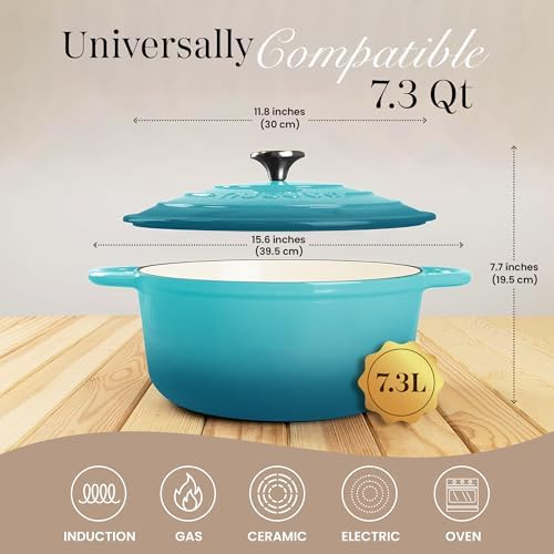 Cast Iron Dutch Oven with Lid-Non-Stick Ovenproof Enamelled Casserole Pot - Sturdy Dutch Oven Cookware-Teal, 7.3- Quart, 30cm- by Nuovva - Image 2