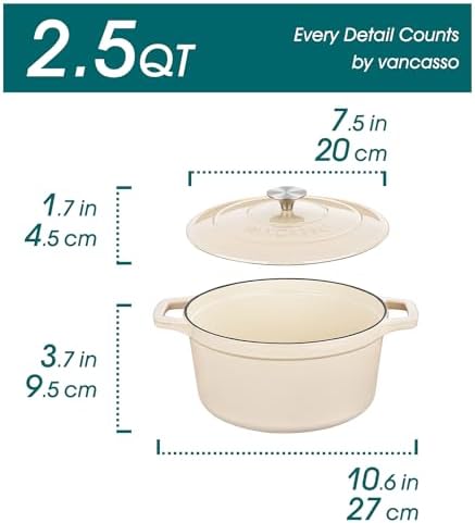 vancasso 2.5 Qt Enameled Cast Iron Dutch Oven with Lid, Cream - Image 2