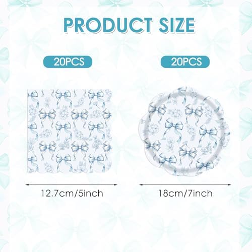 Blue Floral Plates,40pcs Blue Bow Disposable Paper Plates and Napkins Set includes Scalloped Blue White Floral Paper Plate & Napkins for Bridal Shower, Tea Party, Wedding & Birthday - Image 2