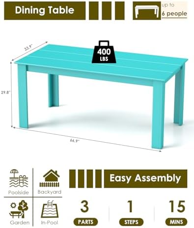 GREENVINES HDPE Outdoor Dining Table w/Umbrella Hole for 6, Aqua - Image 2