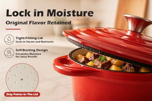Leonyo 2-Quart Small Enameled Cast Iron Dutch Oven Pot with Lid, Red - Image 4