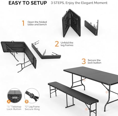 VINGLI Picnic Table Set with 2 Benches, 6 Feet Camping Table Chair Set - Image 2