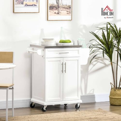 HOMCOM Kitchen Island on Wheels with Stainless Steel Countertop White - Image 2