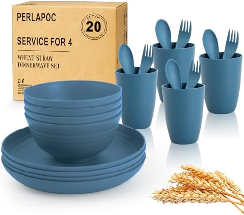 Wheat Straw Dinnerware Sets for 4, Reusable Plastic Dinner Plates, Unbreakable Kids Plates and Bowls Sets 20 PCS, Dishwasher & Microwave Safe Kitchen Camping Dorm Dish Sets- Blue by Perlapoc
