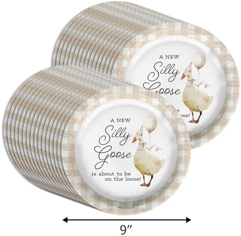 Birthday Galore Silly Goose Baby Shower - 32 Piece Disposable Party Supplies - Beige Gingham Baby Shower Decorations - Round Party Plates - Large 9" Paper Plates In Bulk - Image 2