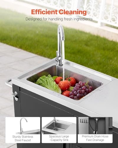 VEVOR Outdoor Grill Cart with Sink and Storage Cabinet, 52 Inch Grill Table, Waterproof Kitchen Island with Stainless Steel Top, Spice Rack, Wheel, Movable Food Prep Station for Patio Bar Backyard BBQ - Image 4