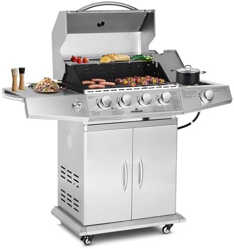 Polar Aurora Propane Gas Grill 4 Burners with Side Burner, Stainless Steel Grill Cart with Wheels for Outdoor Patio Garden Backyard Cooking bbq Grill by PolarAurora